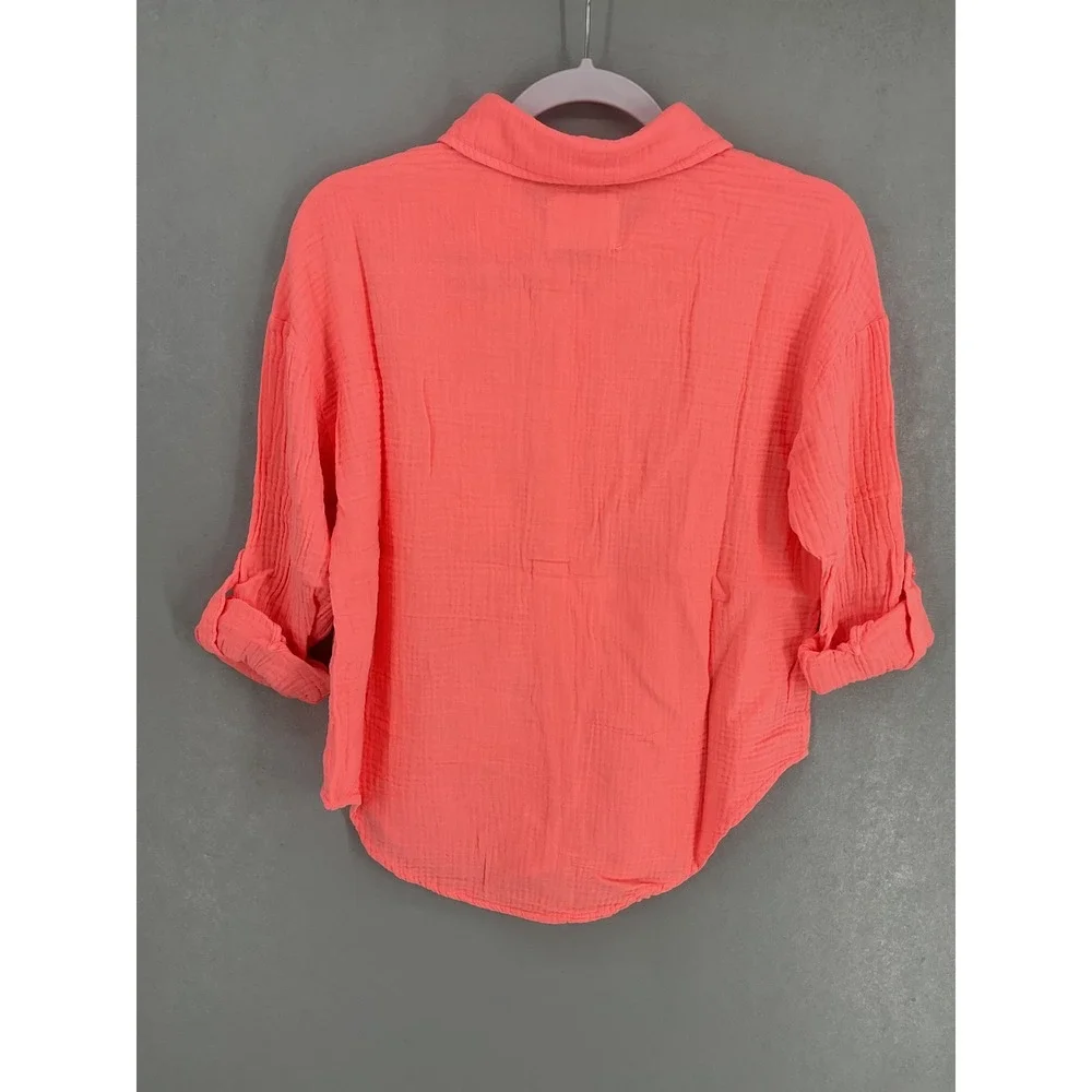 Justice Girls Beach Shirt Coral Cotton Gauze Roll Tab Button Up Size L 12/14